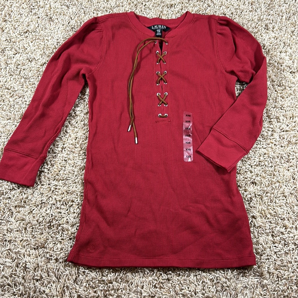 Lauren Ralph Lauren - 3/4 Sleeve Waffle with Leather Lace up Top - Size XXS